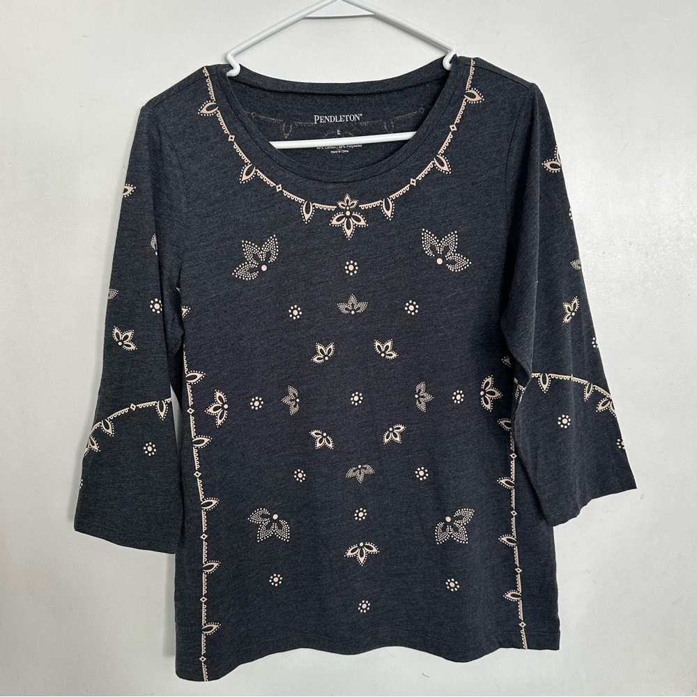 Pendleton Gray Boxy‎ Top with Three-Quarter Sleeves and Floral Embellishments